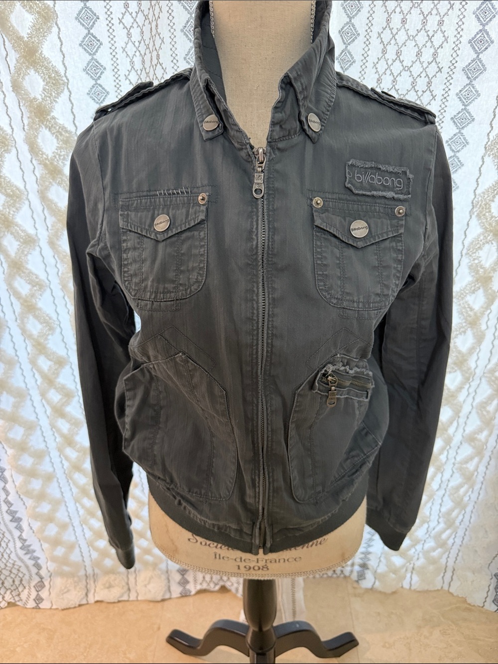 Billabong Brand Vintage Charcoal Military-Style Zip Jacket